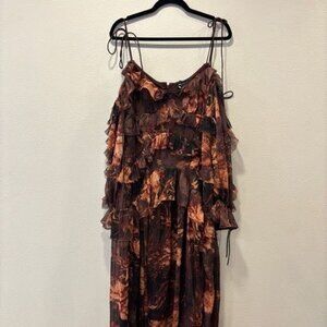 ASOS DESIGN Curve ruffle off shoulder tiered maxi dress in burgundy floral